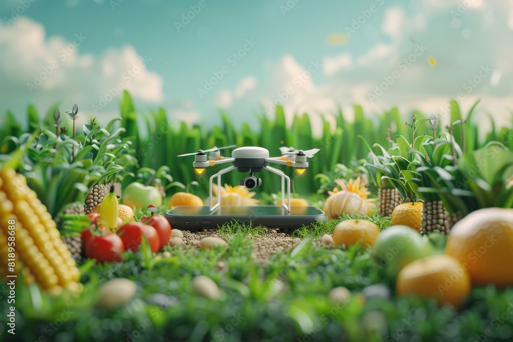 Poster agricultural productivity with advanced drone technology, utilizing smart farming techniques in an i