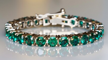 Elegant emerald bracelet with silver links on a reflective surface. Created with Generative AI.