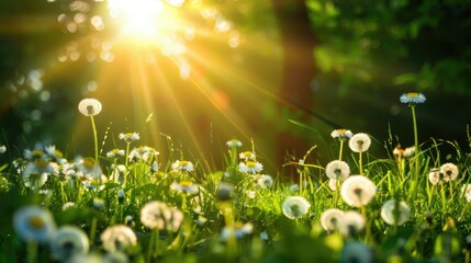 Sunshine on the field with blooming dandelions in natural park 