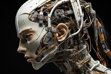 Fototapeta premium A woman humanoid robot's head. It has the eyes, eyebrows, nose, mouth, and cheeks of a regular human, while the rest of the head