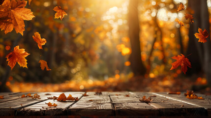 A warm autumn scene unfolds: Sunlight streams through the open wooden door, revealing a vibrant carpet of orange leaves blanketing the ground.
