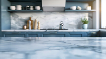  A marble kitchen countertop in front of a blue kitchen set, showcasing the elegant stone texture and the stylish contrast with the blue cabinetry.