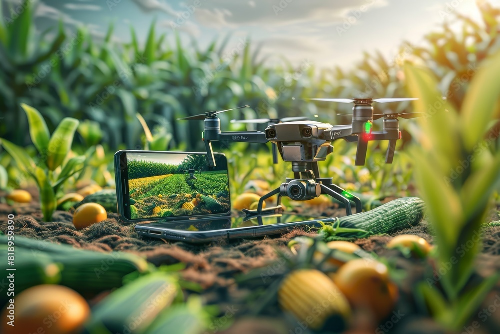 Poster enhanced agricultural productivity with advanced drone technology, employing smart farming technique