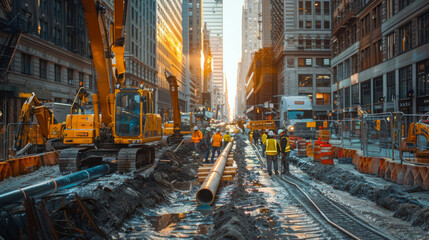 An active construction site in an urban setting featuring workers and heavy machinery during a busy day.