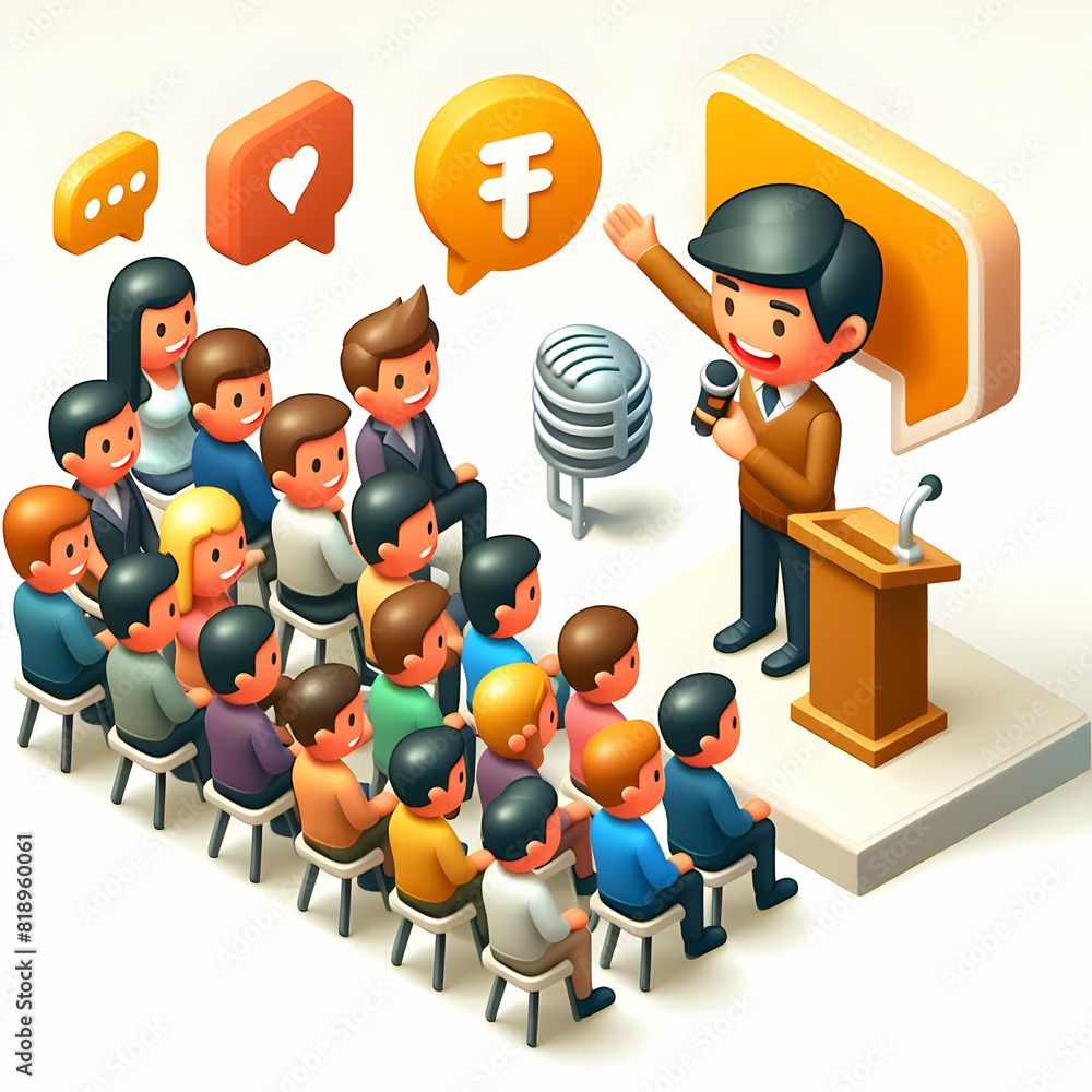 Poster motivational speaker engaging audience with dynamic hand movements in event setting 3d flat icon ill