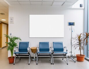 A mockup of an empty white poster on the wall in modern hospital waiting room with comfortable chairs and medical equipment. empty white blank poster on white wall in hospital, white board