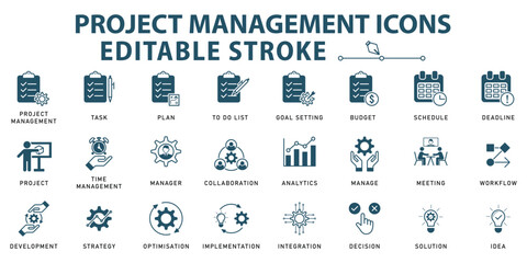 Project management icons. Time management and planning concept. Editable stroke. Vector illustration.