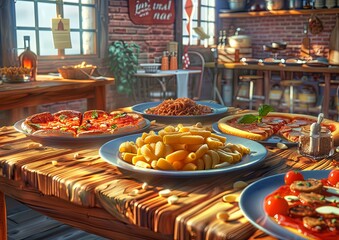 Fototapeta premium The table was filled with delicious pasta pizzas and appetisers