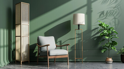 Stylish grey armchair lamp houseplant and folding screen