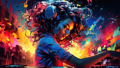 Fototapeta premium A vibrant DJ in action, mixing music with energy and colorful lights illuminating the scene. Perfect for nightlife and entertainment themes.