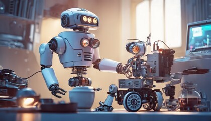 A modern robot with humanoid features engages with a complex robotic arm, surrounded by technology in a bright, innovative laboratory.. AI Generation