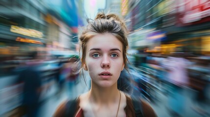 Overwhelmed Young Woman in Busy City Street - Feeling Confusion and Dizziness in Urban Chaos