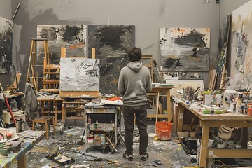 Overwhelmed Artist Struggling with Creative Block in Cluttered Studio
