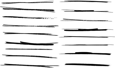 Strikethrough lines isolated. Set of different doodle underlines. Grunge collection of brush strokes written on a white background. Horizontal hand drawn marker stripes