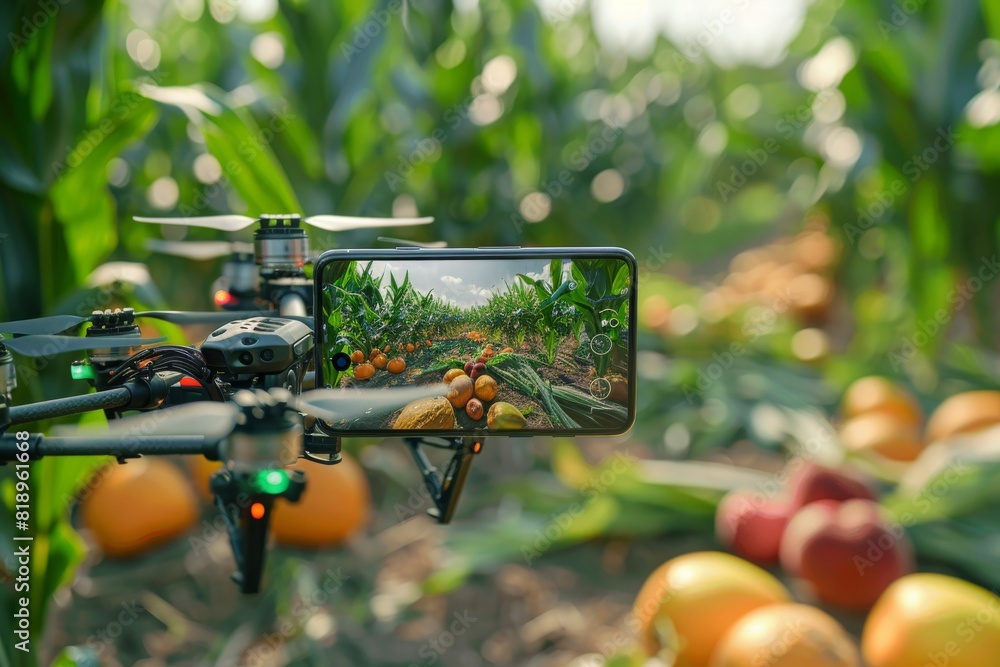 Poster vector illustration showcasing a flower farm with drone protection, advanced drone technology, and b
