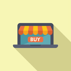 Colorful vector illustration of a laptop displaying a storefront with a buy button