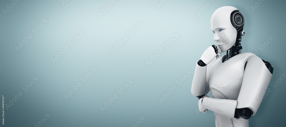 Poster mlp 3d illustration thinking ai humanoid robot analyzing information data in concept of artificial i