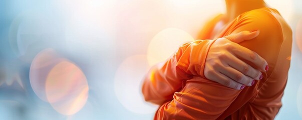 Obraz premium Minimalist design showing a figure clutching their elbow with visible pain signals, colorful and clear to represent business obstacles with space for text