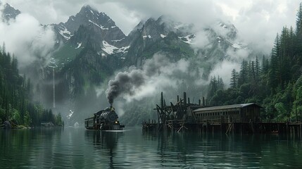   A train traveling through a lush green forest next to towering snow-covered mountains