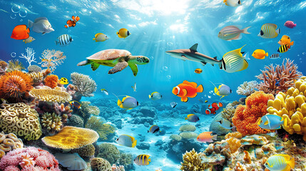   An underwater view of a vibrant coral reef teeming with various species of fish and colorful corals beneath the waves