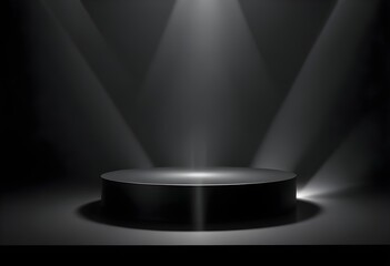 Black stand podium on dark background Realistic dark platform