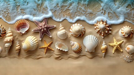 Fototapeta na wymiar Seashells and starfish on a sandy beach beside the ocean, with foamy waves