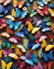 A lively composition of multicolored paper butterflies and scattered sewing buttons, forming a whimsical and creative backdrop.