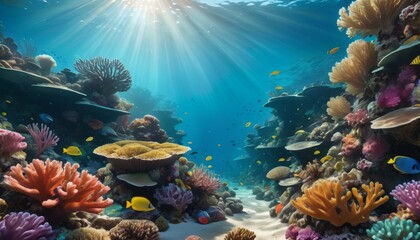 The early light of dawn enhances the ethereal beauty of a coral reef, teeming with a variety of fish and sea life.