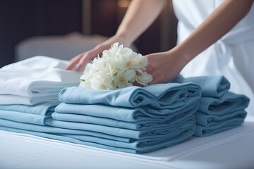 The hotel maid puts a set of towels with white flowers on the bed. Staff in blue uniforms prepare rooms for hotel guests, closeup of staff hands and towels