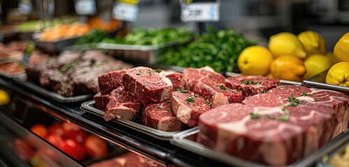 Display of meats and vegetables in grocery store