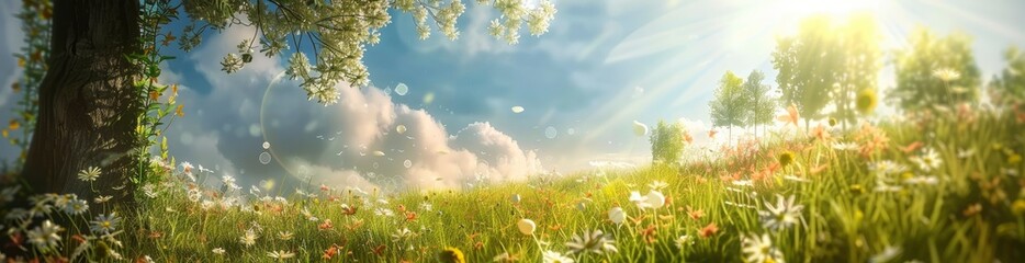 Whimsical Summer Meadow Scenes. With Copy Space, Abstract Background