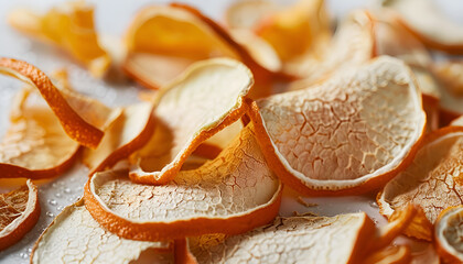 Many dry orange peels on white table, closeup - Powered by Adobe