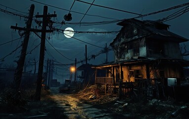 Fototapeta premium Eerie abandoned house at night with a full moon, illuminating a deserted street scene with an ominous and spooky atmosphere.