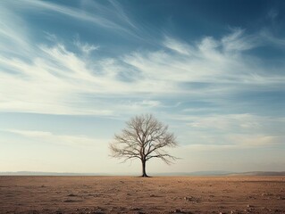Lonely tree standing in a barren landscape under a vast blue sky, with delicate white clouds creating a serene and tranquil scene.