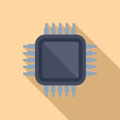 Clean, graphic illustration of a black microchip with pins on a tan background