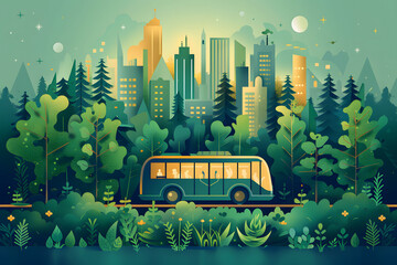 Eco-Friendly Bus Traveling Through Green Forest to Urban Cityscape. Colorful Illustration