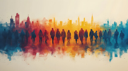 Artistic Representation of Social Inclusion with Silhouettes and Cityscape. Colorful Illustration