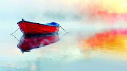 Red boat sits calmly in still water