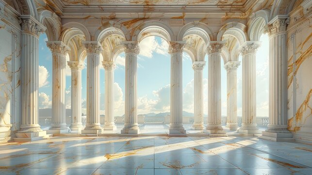 The image is a large, empty room with white pillars and a clear blue sky