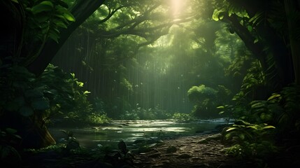 Naklejka premium Ancient rainforest with old trees. Generative AI.