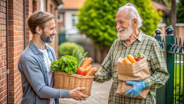 Elderly Man Helping Neighbor – 16:9: An elderly man assisting his neighbor with groceries, representing kindness and community spirit.

