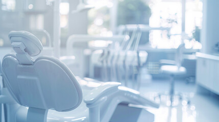 A pristine dental office bathed in natural light. Gleaming white walls and equipment create a serene and modern environment, fostering a sense of calm for patients.

