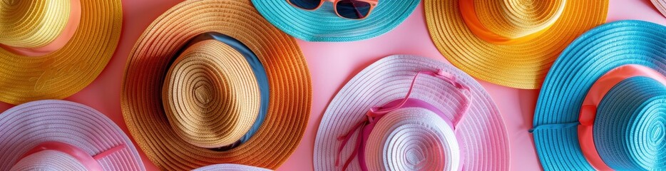 Whimsical Sun Hats And Sunglasses Pattern Background. With Copy Space, Abstract Background