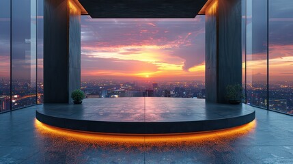A large, empty room with a view of the city and a sunset