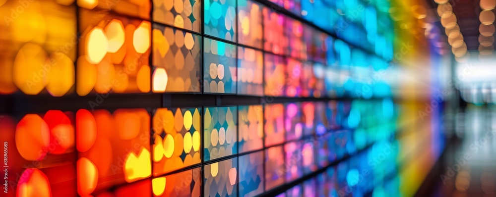 Poster dynamic led art wall close-up of a dynamic led screen in a tech-themed lounge displaying ever-changi