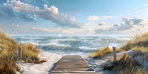 Painting of a path leading to the beach with a view of the ocean generative ai
