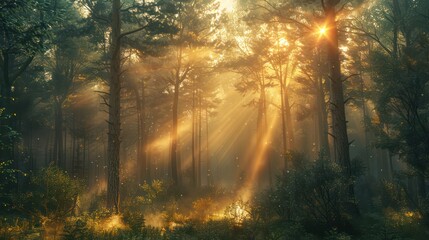 Obraz premium The sun is shining through the trees, casting a warm glow on the forest floor