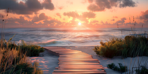 A wooden walkway leading to the beach at sunset
 - Powered by Adobe