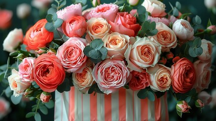   A close-up photo of a bouquet of colorful flowers in a vase with green foliage surrounding them