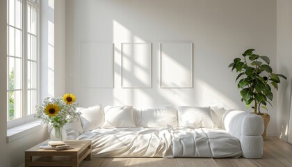A living room with white walls, sofa and coffee table in minimal style interior design, modern home decor mock up, poster frames on wall, minimalistic apartment, sunflowers vase on the sideboard